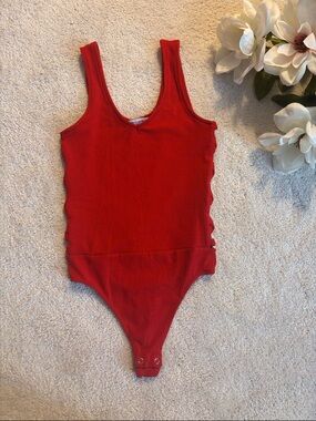 Express Bright Red Ribbed Thong Bodysuit with Side Cut Out